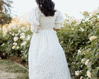 wannda floral chiffon puff sleeve dress in white Katana Puff Sleeve Midi Dress
