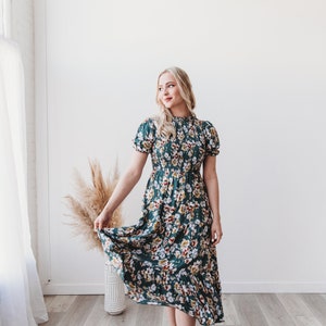 Mira Smocked Bodice Floral Print Dress: Bohemian Rayon Midi