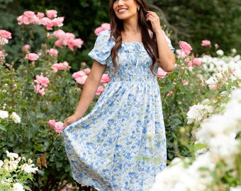 Blue Yellow Floral Smocked Puff Sleeve Midi Dress, Boho Maternity Gown