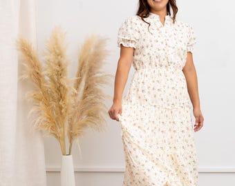 Liana gebloemde katoenen maxi-jurk: boho gelaagde ruches button-down