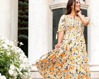 Orange Floral Smocked Midi Dress, Tiered Boho Maternity Gown