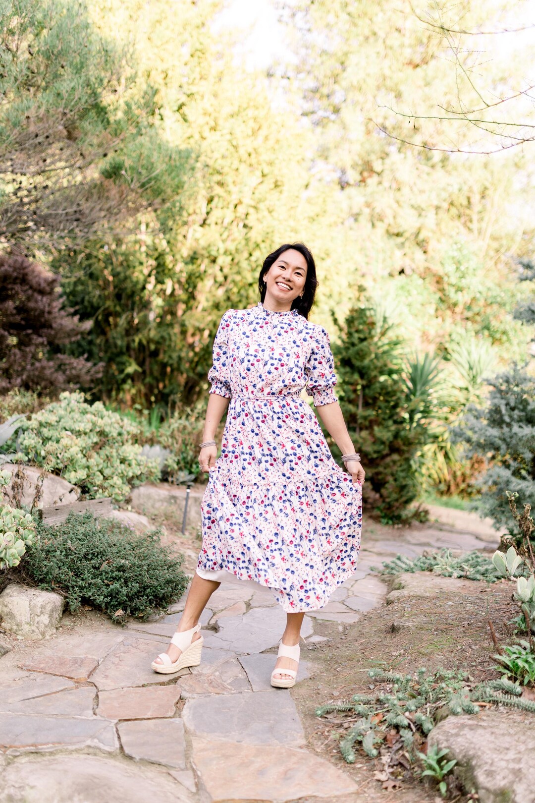 Falling Floral Smocked Waist Midi Dress
