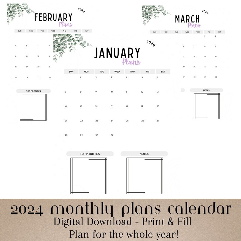 2024 Monthly Calendar Printable - Etsy Australia
