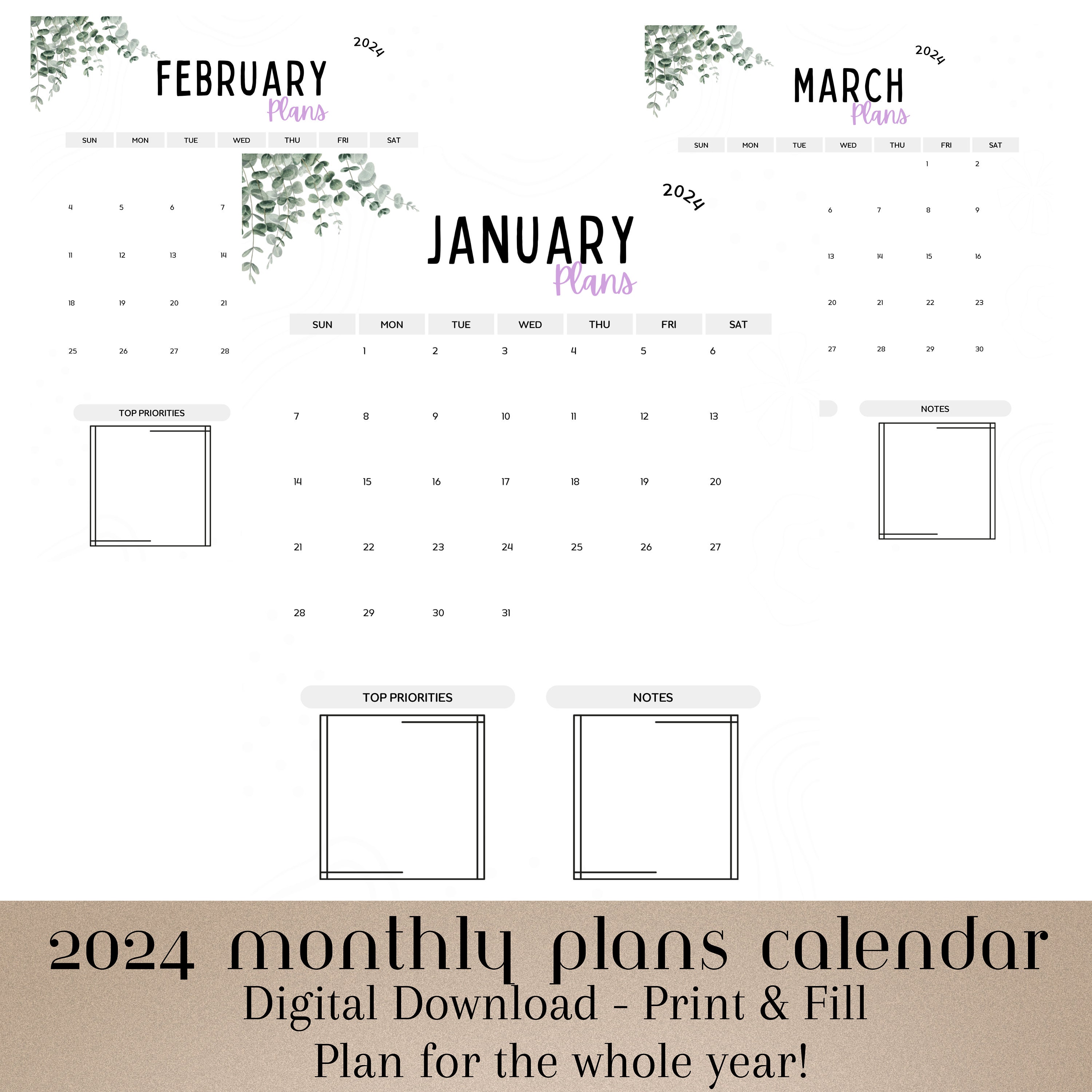 2024 Monthly Calendar Printable - Etsy