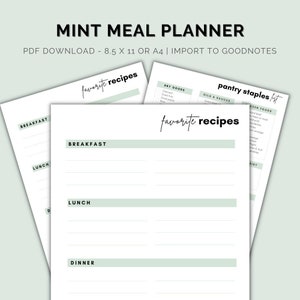 Vintage Mint Green Meal Plan Trio / Zero Waste Meal Planner / Weekly Meal Planner Vorlage / Weekly Meals Planner / Master Meals List
