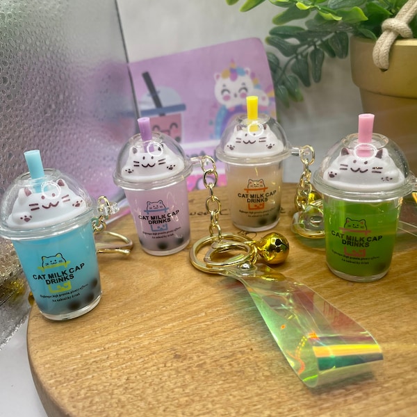 Cat Milk Cap Drinks Boba Tea Keychains/Keyring’s | Kitty | Anime | Kawaii | Stocking Filler | Party Favour | Kids | Children’s | Gift
