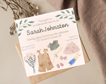 Puede incluir: Una invitación a una fiesta de bienvenida al bebé con ilustraciones de acuarela de ropa de bebé, un conejito y flores. La invitación es para Sarah Johnston y está programada para el domingo 3 de abril a las 2:00 PM en 205 Church St Boston, MA. RSVP antes del 23 de marzo a Allie@777-111-0000. La invitación indica que el registro de regalos está en Target y Amazon.