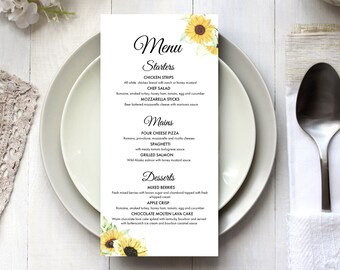 Sunflower wedding menu, custom wedding menu, personalised wedding menu, custom menu, personalized menu, wedding menu, DL size wedding menu