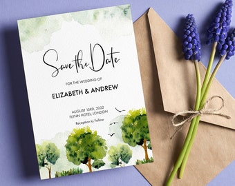 Forest Save the Date Card, Free Envelope, Modern Wedding Invites, Wedding Invitations, A6 Save The Date Cards, Personalised Save the Dates