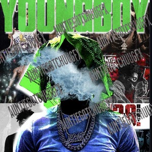 May include: A graphic design with the text "NEVER BROKE AGAIN" and "YOUNGBOY" in green. The image shows a person in a blue shirt and bandana, with smoke around the face. A chain necklace with the name "Lotti" is visible.