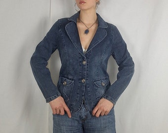 Blauer Denim-Blazer, Y2K-Ästhetik, Jeansblazer, 2000er-Jahre-Vintage-Blazer, Denim-Streetwear-Blazer, Urban-Style-Jeansjacke, adretter 00er-Jeansblazer