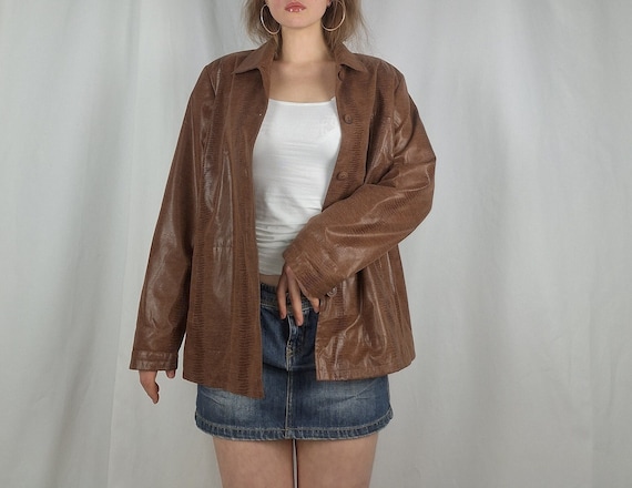 brown shirt jacket 90s vintage jacket snake patte… - image 1