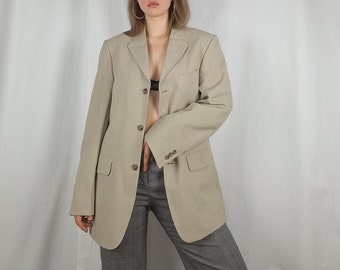 Beige Blazer-Jacke, 2000er-Jahre-Vintage-Blazer, adrette, edle Jacke, Blazer im minimalistischen Stil, urbaner Twee-Ästhetik-Blazer, Hipster, Bürokleidung, Glamour