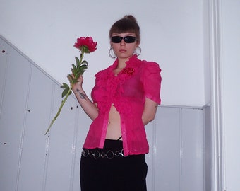 pinke 2000er vintage Bluse romantisch elegant durchsichtig transparent gerüscht mit Rose princess fairy core tailliert Oberteil größe S