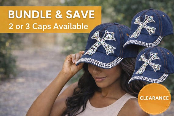 CLEARANCE Rhinestone Cross Denim Cap Bundle | Christian Hat Women | Faith Baseball Cap Set of 2 or 3 | Sparkly Cross Hat | Religious Gift