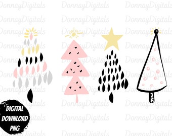 May include: Four digital illustrations of stylised Christmas trees. One tree is pink with white hearts, one is black with white dots, one is white with pink dots, and one is grey with pink and yellow accents.