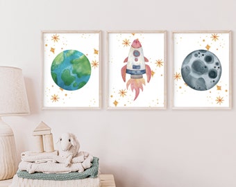 Space Wall Art, Nursery Wall Art, Printable Wall Art, Kid Wall Art Printable, Nursery Decor, Digital Download, Set of 3