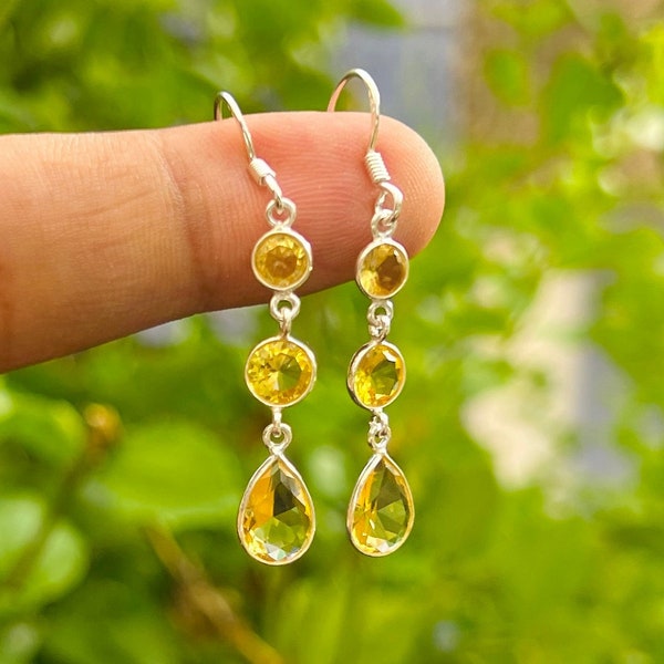 Personalized Alluring 925 Sterling Silver Citrine Gemstone Birthstone Dangle Drop Earrings Perfect Gift For Her