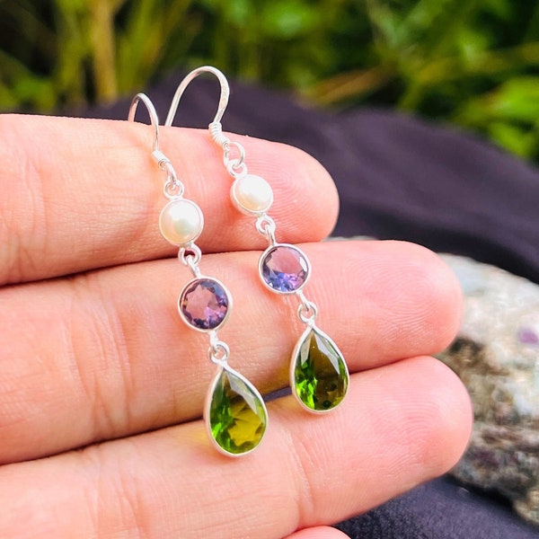 Personalized 925 Sterling Silver Birthstone Peridot Amethyst Mother of Pearl Gemstone Dangle Drop Earring Perfect Gift For Her