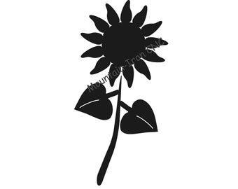 May include: A black silhouette of a sunflower with a stem and two leaves.