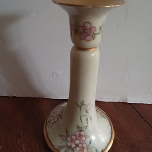 Antique TV Limoges One Candlestick Hand Painted Pink Flower Porcelain Victorian Shabby Cottage