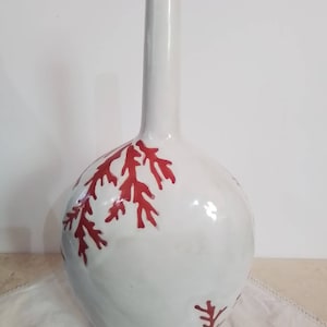 Vintage ceramic vase white with red branches 14&quot; height home decor