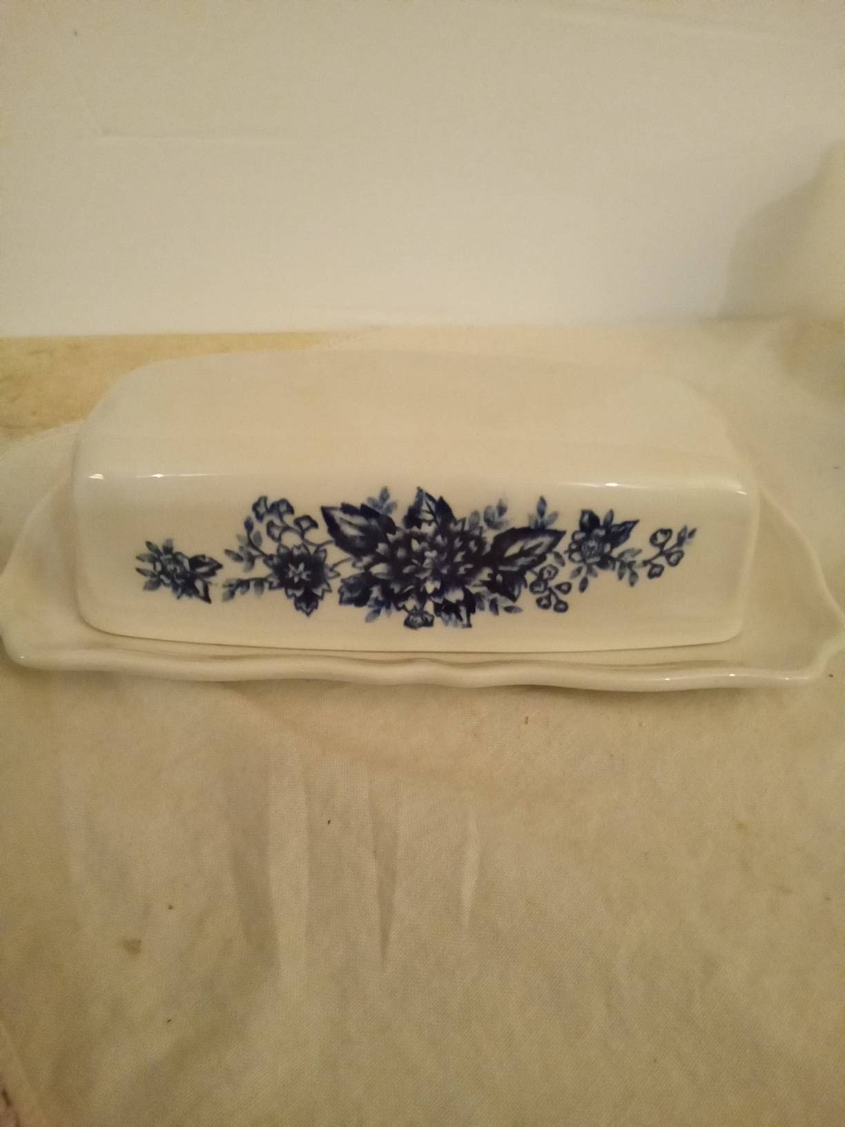 Vintage Blue Carnation Ironstone by Sears Butter Dish, Salt and Pepper