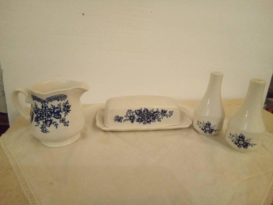 Vintage Blue Carnation Ironstone by Sears Butter Dish, Salt and Pepper