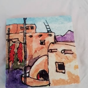 May include: Watercolor painting of a pueblo style building with a red sky and purple mountains in the background.