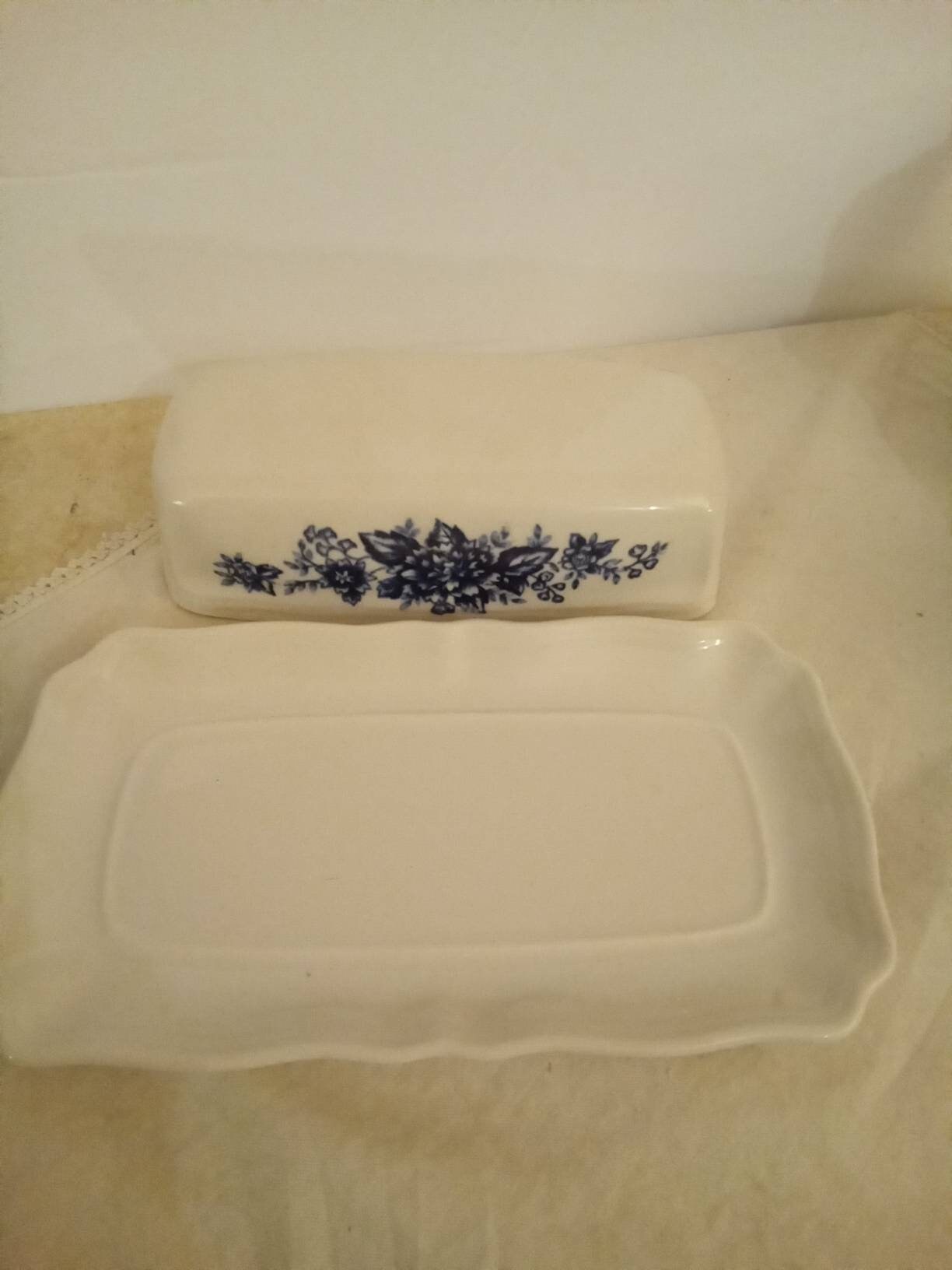 Vintage Blue Carnation Ironstone by Sears Butter Dish, Salt and Pepper