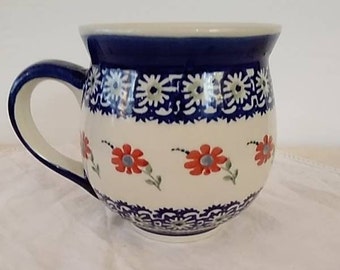 W Boleslawcu Polish Pottery ~17 oz  Red Floral Mug, Bubble Mug, Pot Belly Mug, 4.25", Manufaktura Hand Made in Poland