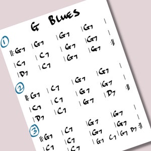 May include: Handwritten music sheet with the title "G BLUES" and three different chord progressions for the blues in the key of G. The progressions are labelled 1, 2, and 3.