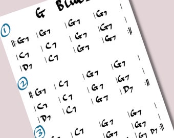 Printable 12 Bar Blues in ALL 12 keys [12 pages].Handwritten Blues Chord REAL BOOK.