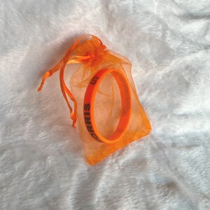 May include: An orange silicone bracelet with the text "Let's Get This Party Started" in black lettering. The bracelet is in a small orange organza bag.