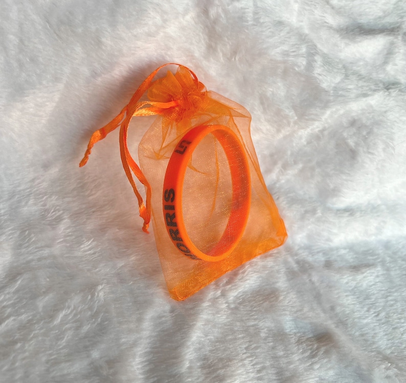 May include: An orange silicone bracelet with the text "Let's Get This Party Started" in black lettering. The bracelet is in a small orange organza bag.