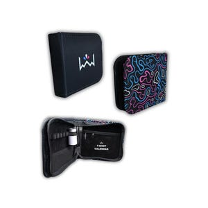 May include: Three black zippered cases. One is solid black with a white logo. Another has a colorful abstract pattern of pink, blue, and black lines. The third case is open, revealing a small bottle and the text "L3 T-SHOT CALENDAR".