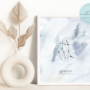 Gemini Watercolor Zodiac Wall Art Print, Gemini Digital Print, Gemini Zodiac Gift for Her, Gemini Gifts, Gemini Star Sign Art Print Digital