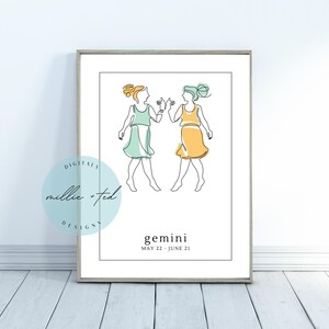 Gemini Zodiac Wall Art Print, Gemini Digital Print, Gemini Zodiac Gift for Her, Gemini Gifts, Gemini Star Sign Art Print Digital