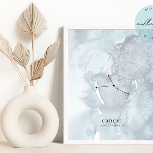 Cancer Watercolor Zodiac Wall, Cancer Digital Print, Cancer Zodiac Gift for Her, Cancer Gifts, Cancer Star Sign Art Print Digital Download