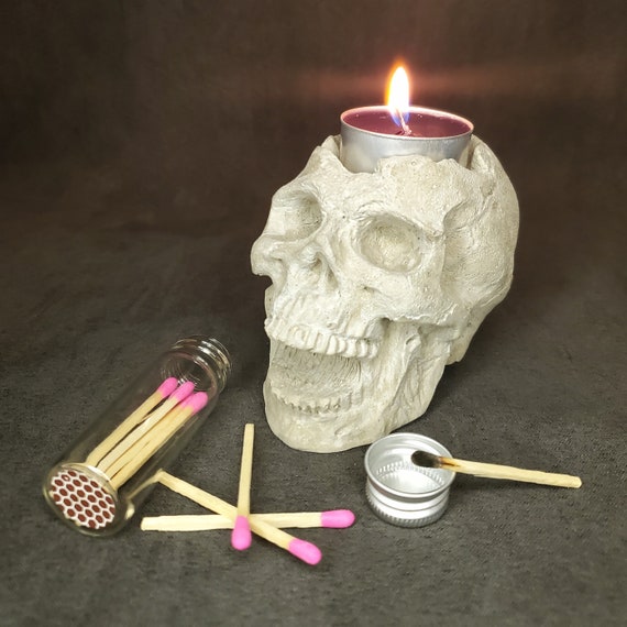 Ensemble cadeau de porte chandelle tête de mort  - Décoration pour bibliothèque, squelette, tête de mort, crane humain, chandelier gothique