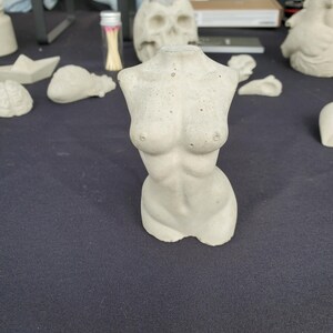 May include: A white concrete sculpture of a female torso. The sculpture is smooth and has a slightly textured surface.