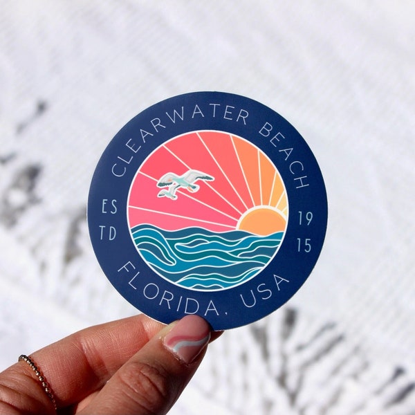 Clearwater Beach Florida Sunset Waterproof Sticker, 3x3 in.