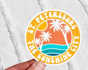 St. Petersburg Florida, The Sunshine City Waterproof Circle Sticker, 3x3 inches, Retro Florida Sticker
