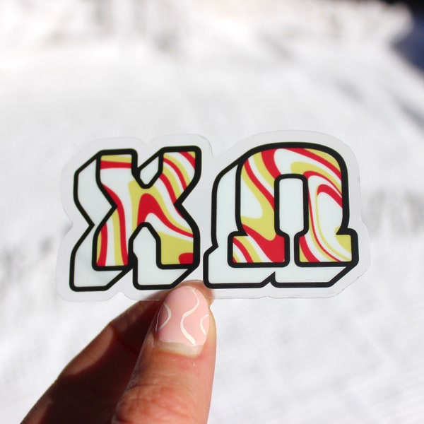 Clear Chi Omega XO Waterproof Sticker (Red and Yellow Color Swirl), 3x1.5 in.