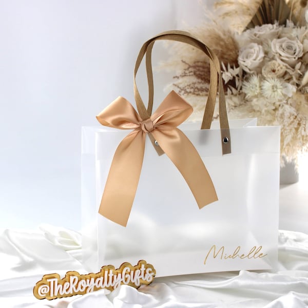 Personalized Empty Frosted Favor Gift Bag With Satin Ribbon Bow Bridesmaid Proposal Corporate Birthday Wedding Baby Shower Gifts