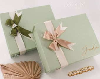 MAGNETIC BOX ONLY Light Sage Green Gold Personalized Empty Gift Box With Ribbon Bridesmaid Proposal Corporate Birthday Wedding Realtor Gift