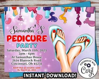 Pedicure Party Invitation, Spa Party Invitation, Birthday Invitation, Mani Pedi Party, Editable Template, Instant Download, Corjl