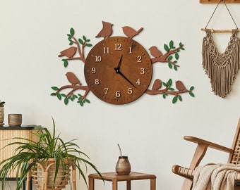 Birds wood wall clock, Birds and tree wall clock, Wildlife wall clock, Nature wood wall clock, Bird on tree branch wall clock