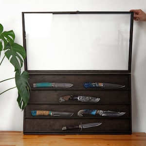 Display cabinet for knives, Display case for collectibles, Wood display shelf knives,Knives storage,Knives organizer,Display case glass door