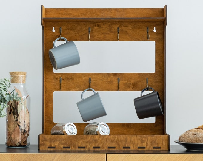 Coffee mug holder stand, Coffee mug hanger, Wood coffee mug holder, Coffee mug display shelf, Coffee mug rack, Mug rack countertop